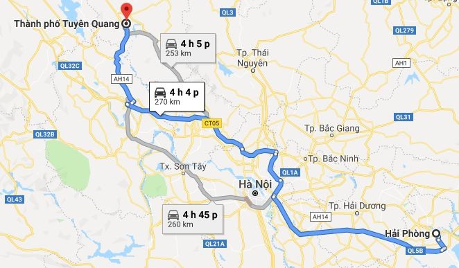 Bản đồ lộ trình tuyến đường 1 từ Hải Phòng đi Tuyên Quang qua QL5B