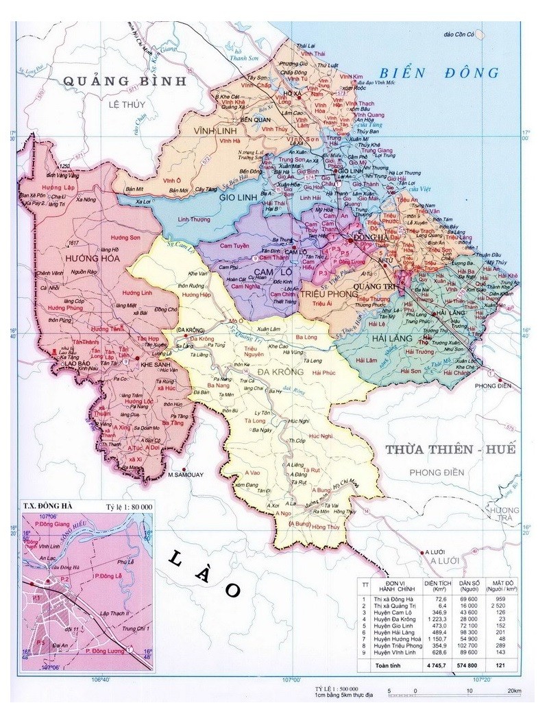 Bản đồ hành chính tỉnh Quảng Trị và khoảng cách từ Đông Hà