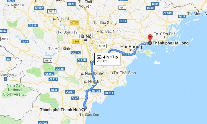 Bản đồ lộ trình di chuyển từ Thanh Hóa đến Quảng Ninh
