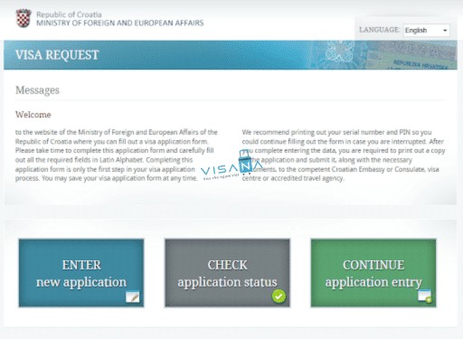 Giao diện khai đơn xin visa Croatia trực tuyến