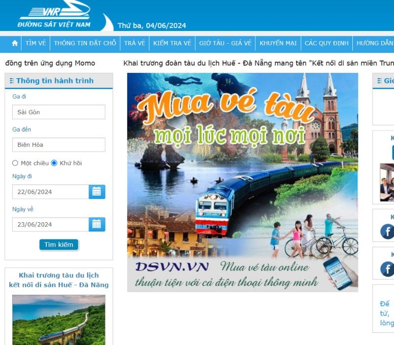 Đặt vé tàu trực tuyến qua trang web chính thức của Đường sắt Việt Nam