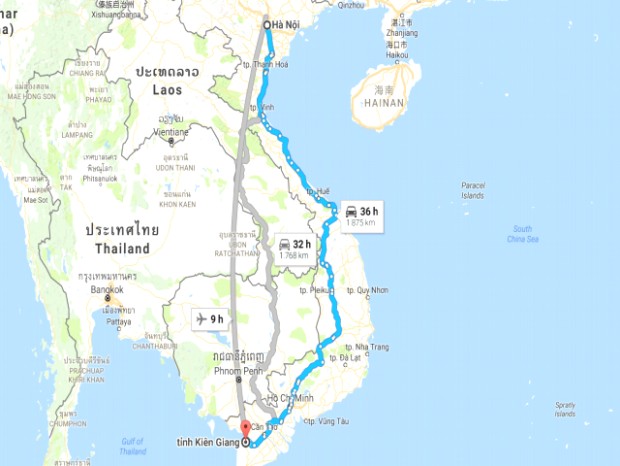 Bản đồ Google Maps minh họa khoảng cách đường bộ từ Hà Nội đến Kiên Giang