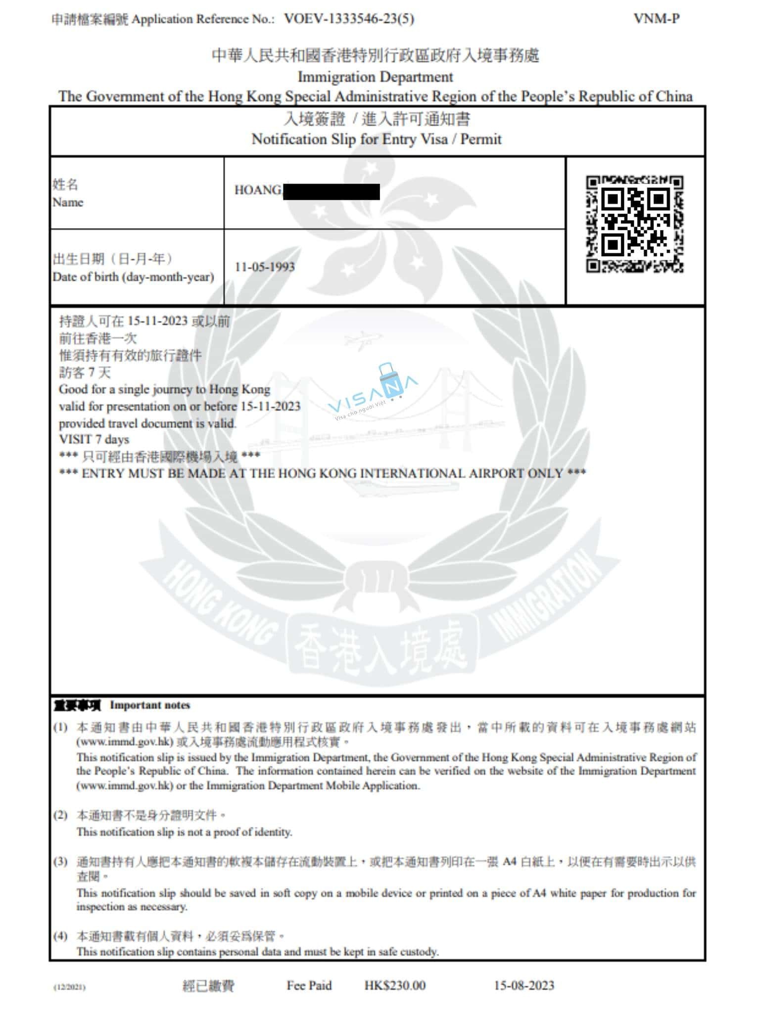 Các mẫu thị thực Hong Kông đã được cấp cho du khách Việt Nam