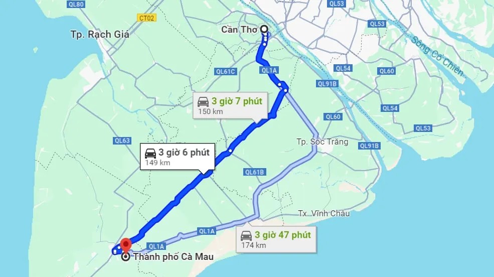 Bản đồ hiển thị khoảng cách 149km giữa Cần Thơ và Cà Mau