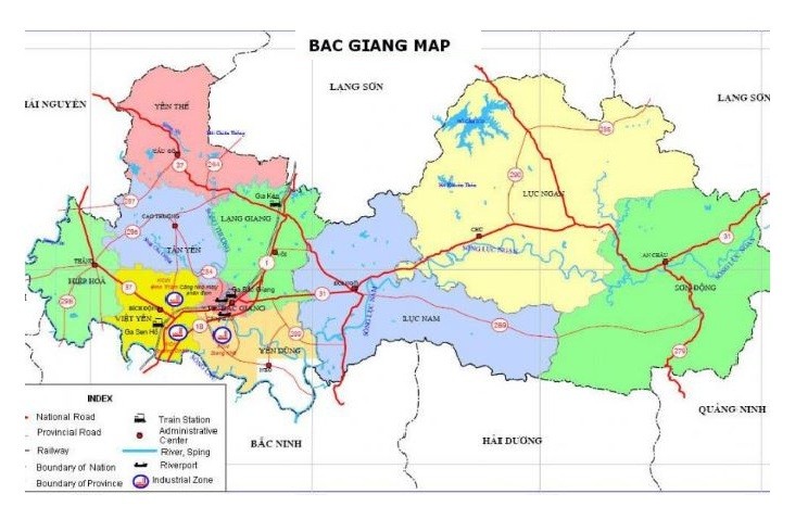 Bản đồ hành chính tỉnh Bắc Giang hiển thị các đơn vị hành chính