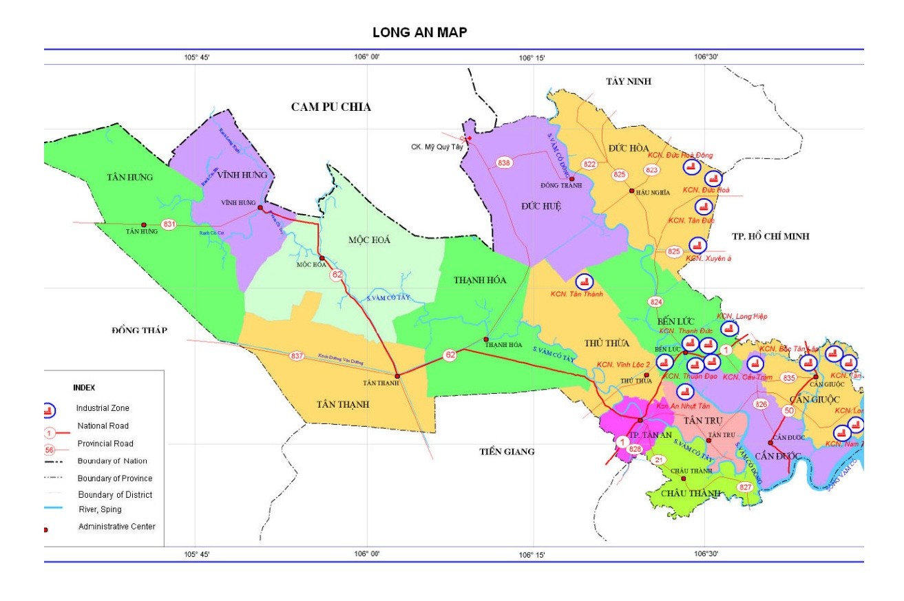 Bản đồ hành chính tỉnh Long An, thể hiện các đơn vị huyện, thị xã