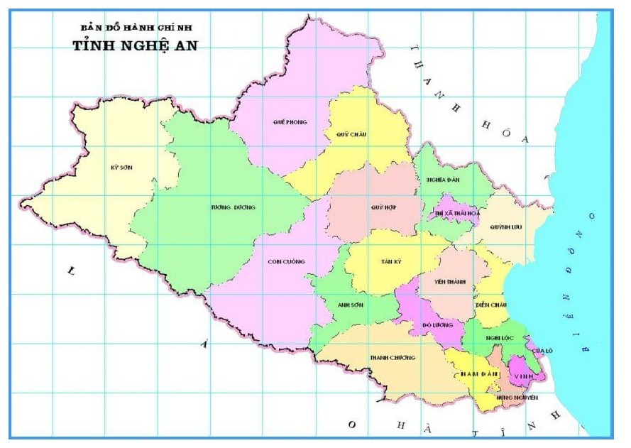Bản đồ hành chính tỉnh Nghệ An với trung tâm là thành phố Vinh