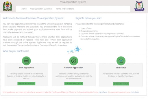 Giao diện trang web đăng ký E-visa Tanzania trực tuyến