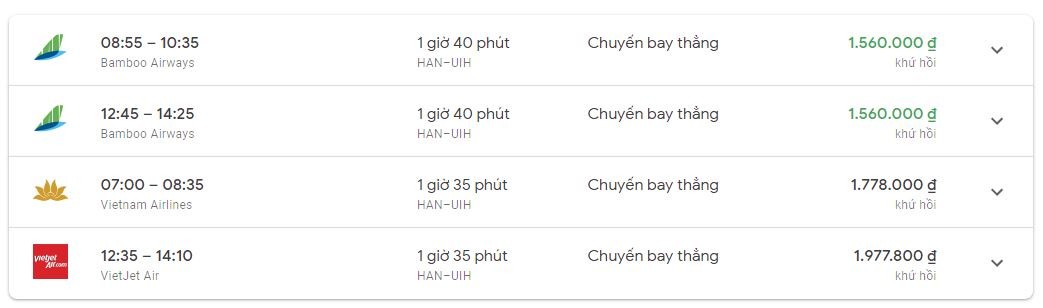 Thông tin giá vé, thời gian bay của một số hãng bay từ Sài Gòn đến Bình Định