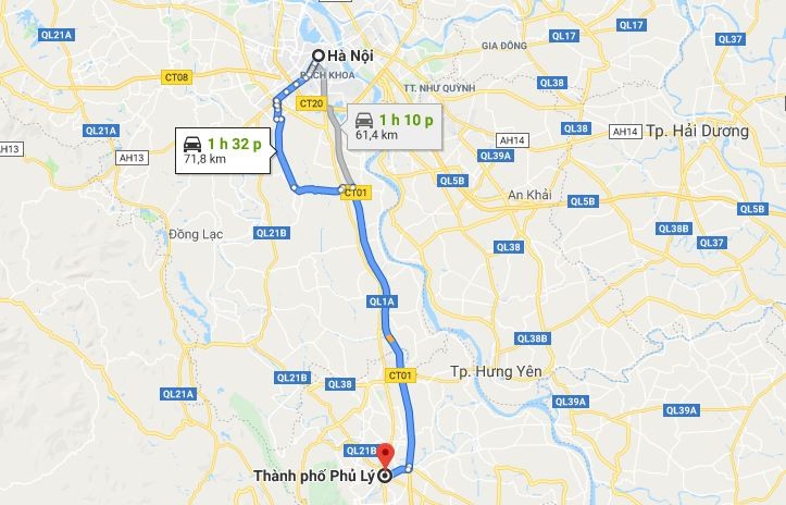 Bản đồ tuyến đường Hà Nội - Hà Nam qua ĐT427B và Cao tốc CT01