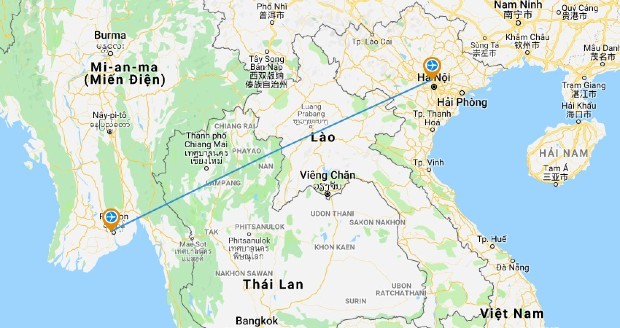 Khoảng cách từ Myanmar đến Việt Nam khoảng 2.281,4 km trên bản đồ