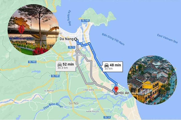 Sơ đồ khoảng cách từ Đà Nẵng đến Hội An trên bản đồ