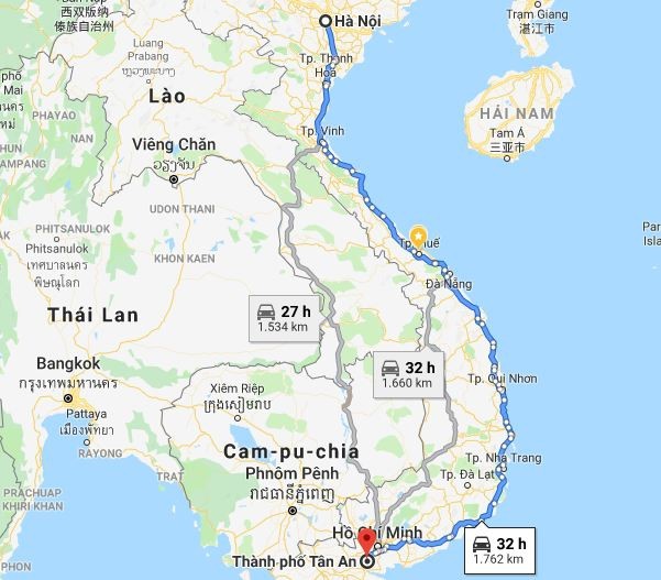 Bản đồ tuyến đường di chuyển từ Hà Nội đến Long An qua Quốc lộ 1A