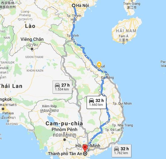 Bản đồ tuyến đường từ Hà Nội đi Long An qua QL1A và QL14