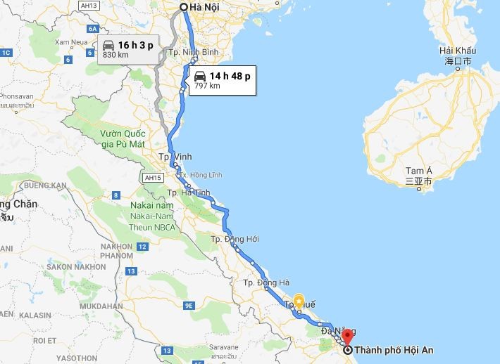 Bản đồ lộ trình di chuyển từ Hà Nội đến Quảng Nam qua tuyến Quốc lộ 1A