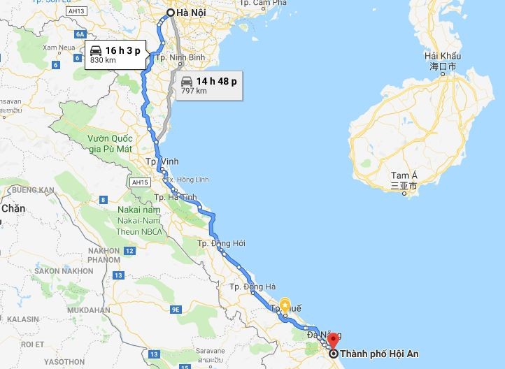 Bản đồ lộ trình từ Hà Nội đến Quảng Nam qua tuyến đường Hồ Chí Minh