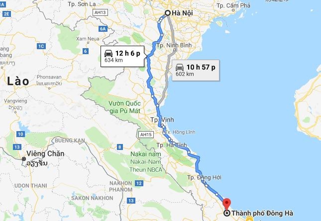 Bản đồ chỉ dẫn tuyến đường từ Hà Nội đi Quảng Trị qua đường Hồ Chí Minh