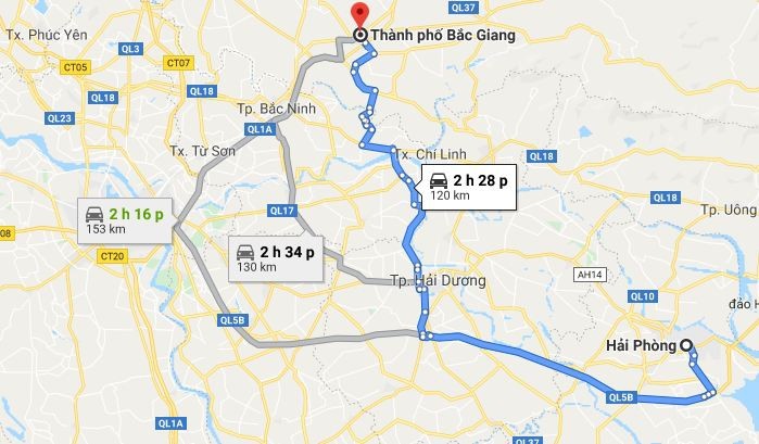 Bản đồ chỉ dẫn tuyến đường 2 từ Hải Phòng đi Bắc Giang qua QL5B/ĐCT04 khoảng 120km