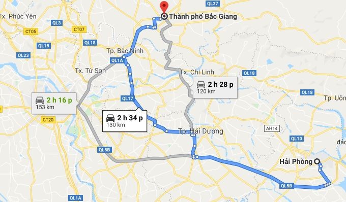 Bản đồ chỉ dẫn tuyến đường 3 từ Hải Phòng đi Bắc Giang qua QL38 khoảng 130km