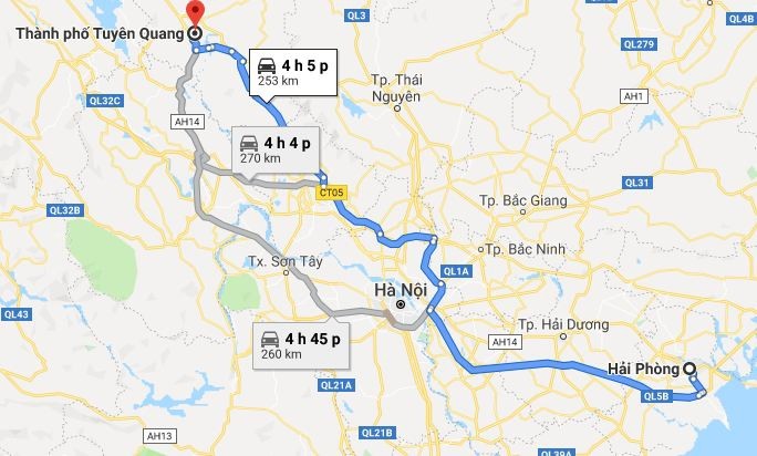 Bản đồ lộ trình tuyến đường 2 từ Hải Phòng đi Tuyên Quang qua QL5B và QL2C