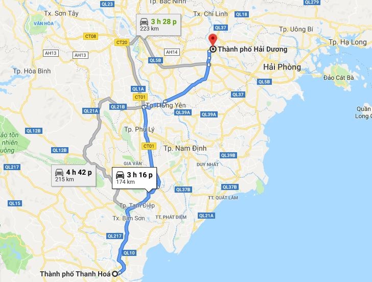 Minh họa tuyến đường ngắn nhất từ Thanh Hóa đến Hải Dương qua Quốc lộ 1A
