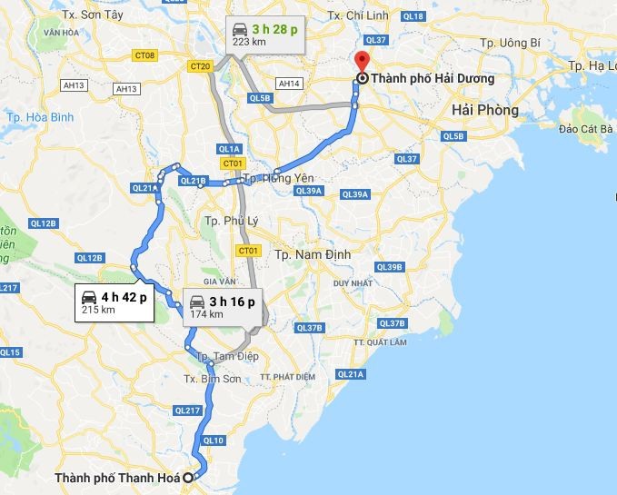 Hình ảnh minh họa lộ trình di chuyển từ Thanh Hóa đến Hải Dương qua Quốc lộ 38B