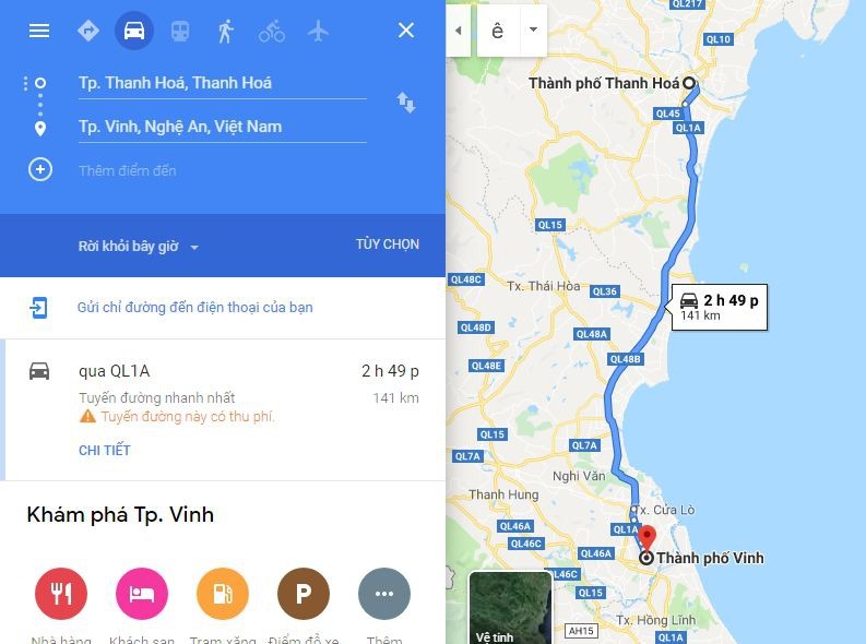 Bản đồ tuyến đường di chuyển chính từ Thanh Hóa đến Nghệ An qua QL1A