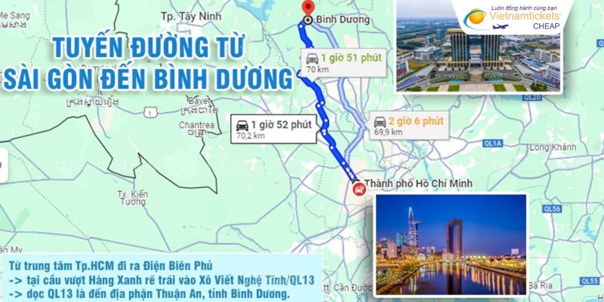 Bản đồ minh họa 3 tuyến đường chính từ Sài Gòn đến Bình Dương