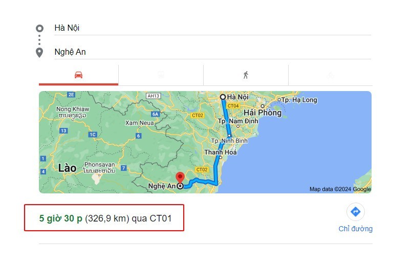 Biểu đồ/Bản đồ chỉ khoảng cách và các tuyến đường từ Hà Nội đến Nghệ An