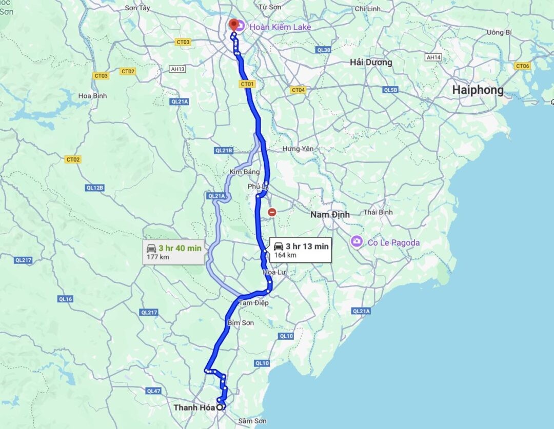 Bảng so sánh quãng đường và thời gian từ Hà Nội đi Thanh Hóa