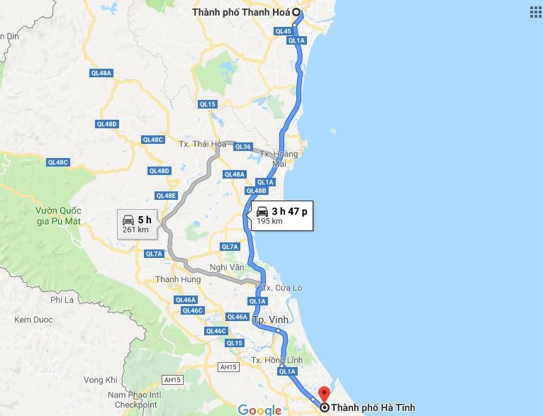 Bản đồ tuyến đường từ Thanh Hóa đi Hà Tĩnh qua Quốc lộ 1A