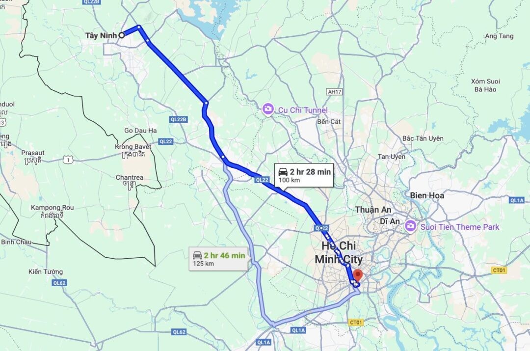 Khoảng cách từ Sài Gòn đi Tây Ninh trên bản đồ