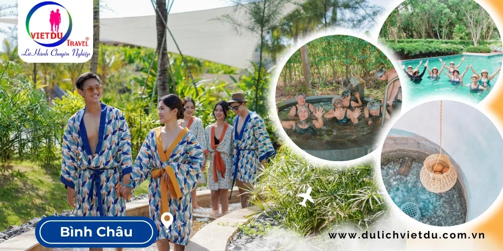 Du khách đang luộc trứng gà tại giếng trời suối khoáng nóng Bình Châu