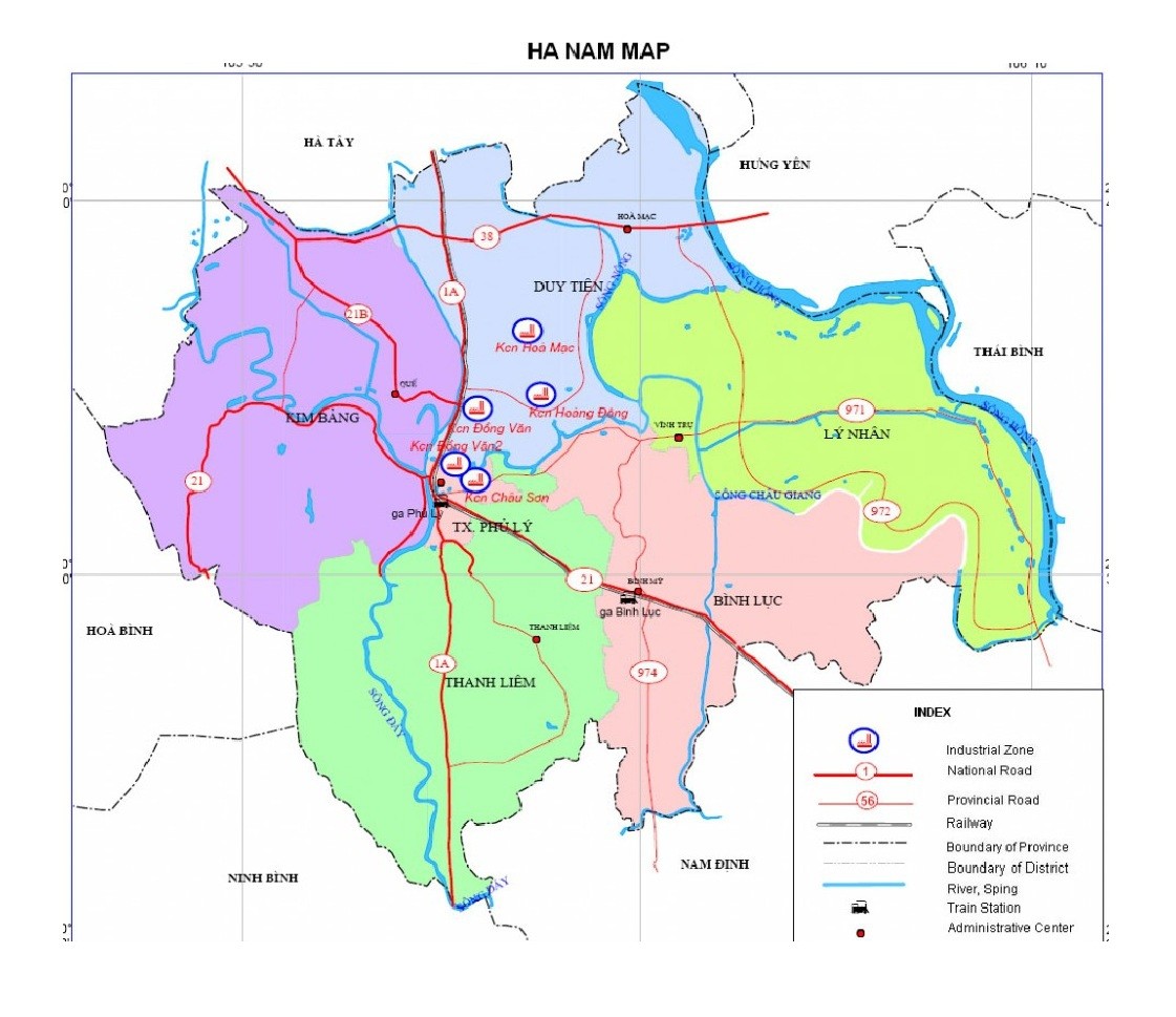 Bản đồ khoảng cách từ thành phố Phủ Lý đến các huyện thuộc tỉnh Hà Nam