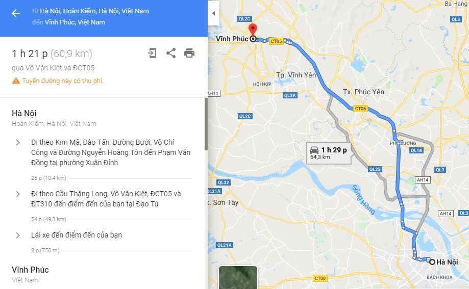 Bản đồ tuyến đường Hà Nội đi Vĩnh Phúc qua Võ Văn Kiệt