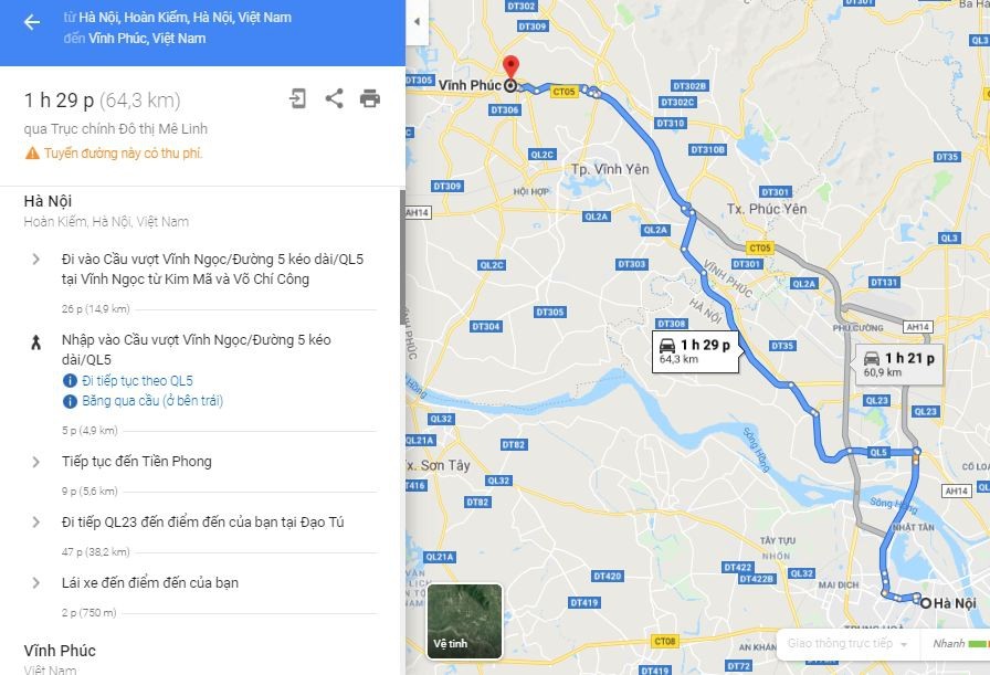 Bản đồ tuyến đường Hà Nội đi Vĩnh Phúc qua Mê Linh