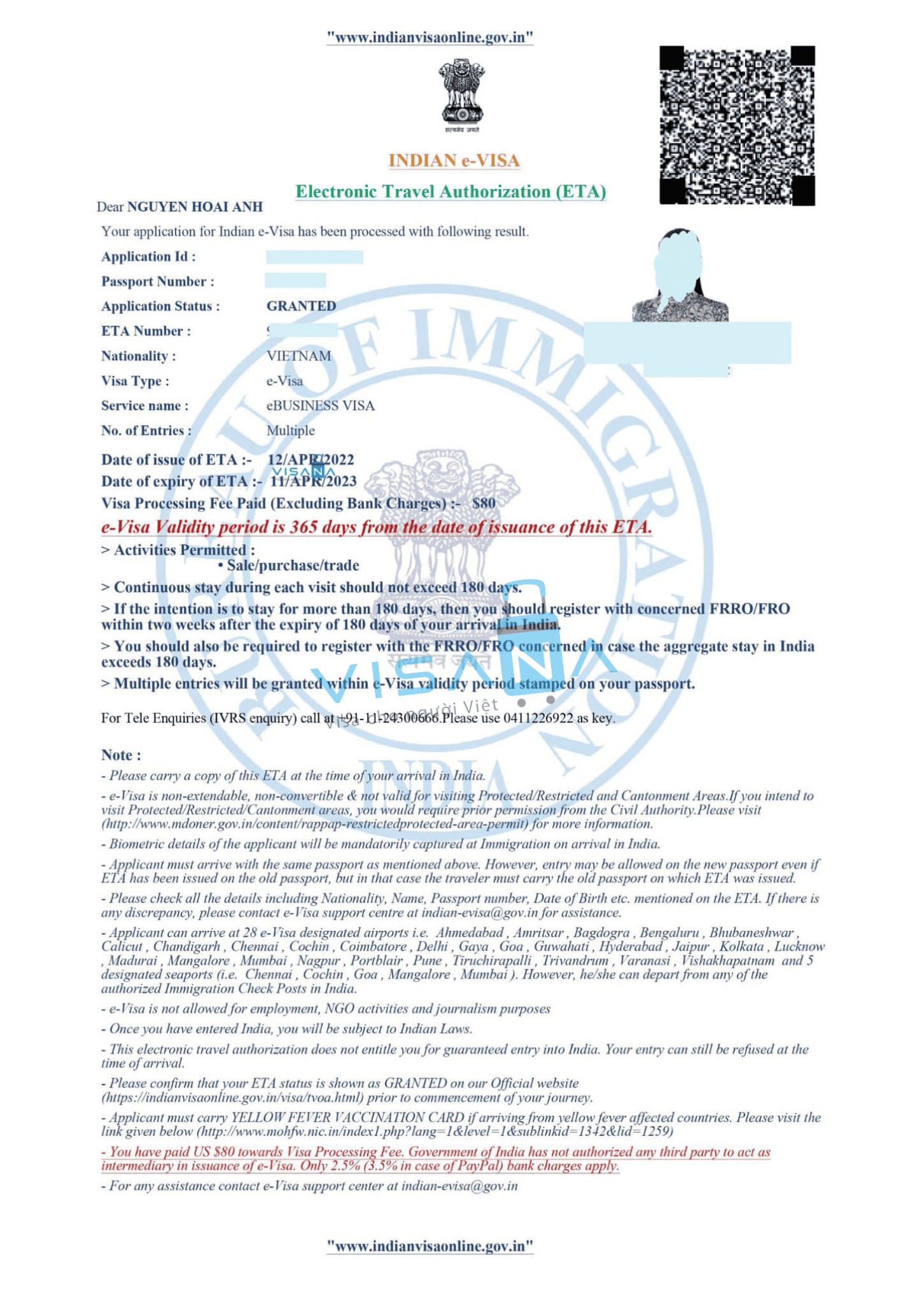 Mặt thứ hai của mẫu visa Ấn Độ sau khi được cấp