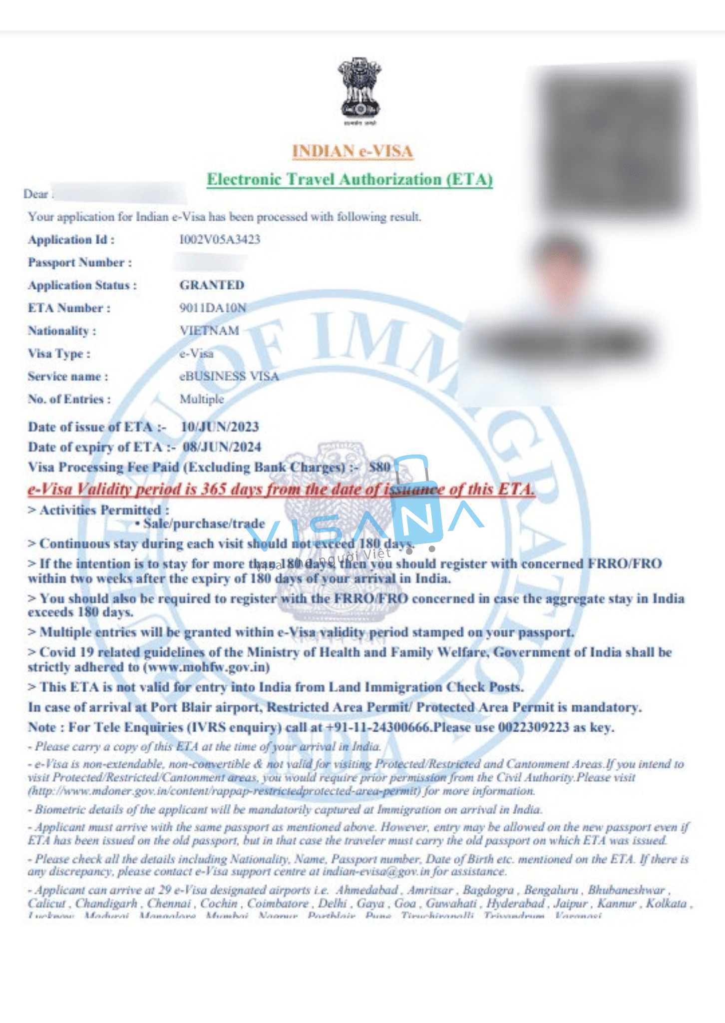 Mẫu visa Ấn Độ in trên giấy tờ nhập cảnh