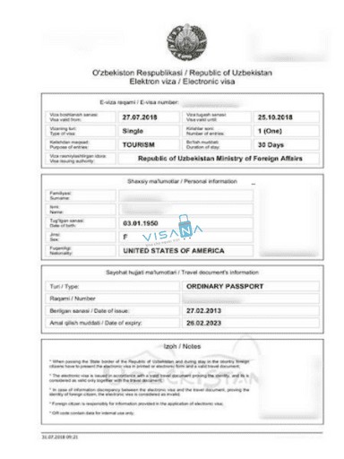 Mẫu E-visa Uzbekistan
