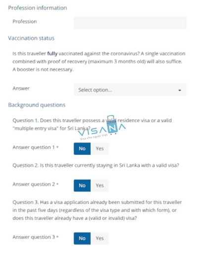 Mẫu điền thông tin nghề nghiệp và câu hỏi cơ bản trong đơn xin ETA Sri Lanka