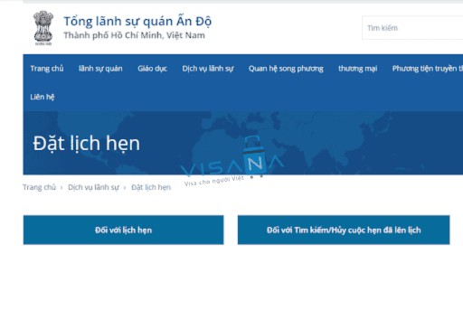 Giao diện chọn lịch hẹn trực tuyến xin visa Ấn Độ