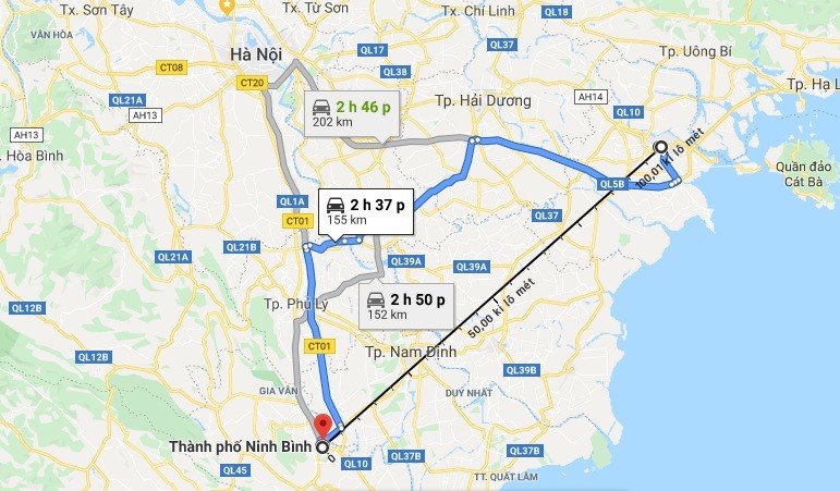 Bản đồ ước tính quãng đường từ Ninh Bình đến Hải Phòng