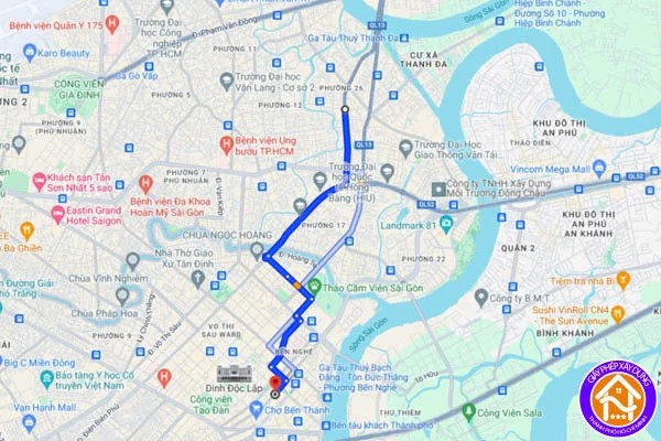 Bản đồ minh họa khoảng cách di chuyển từ Quận Bình Thạnh đến Quận 1
