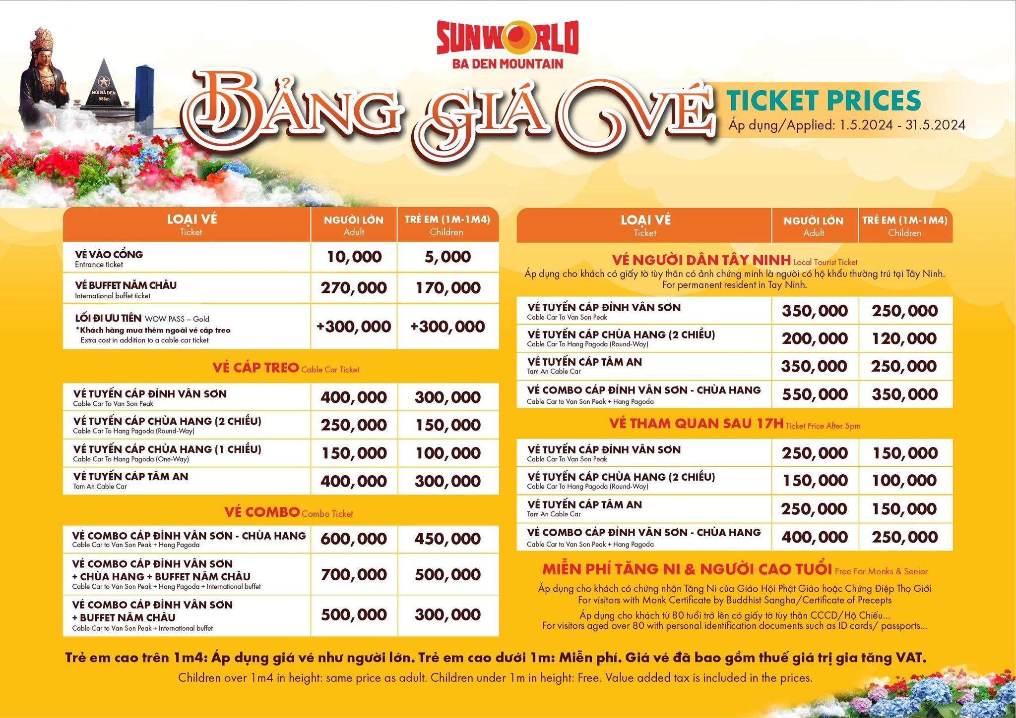 Bảng giá vé tham quan Sun World Núi Bà Đen tháng 5/2024