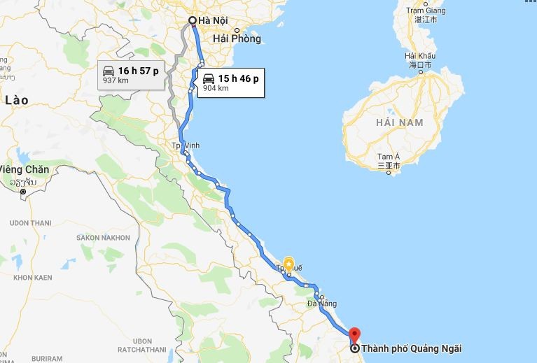 Bản đồ tuyến đường đi từ Hà Nội đến Quảng Ngãi qua Quốc lộ 1A