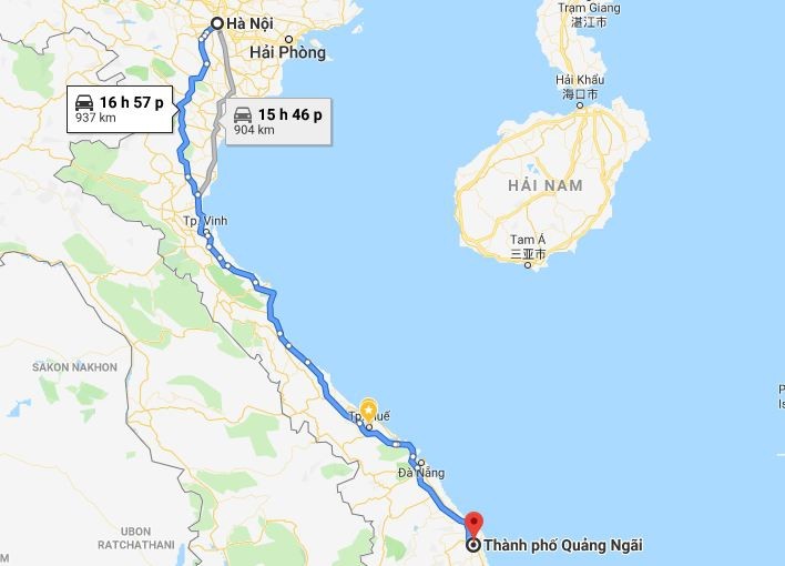 Bản đồ tuyến đường đi từ Hà Nội đến Quảng Ngãi qua đường Hồ Chí Minh và QL1A