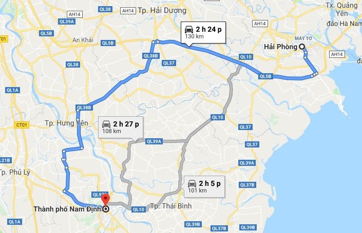 Bản đồ đường đi tuyến 2 qua QL5B/ĐCT04 từ Hải Phòng đến Nam Định