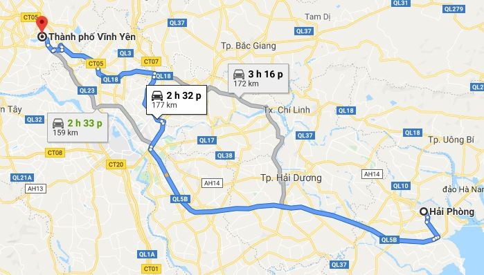 Lộ trình di chuyển từ Hải Phòng đến Vĩnh Phúc qua QL18 và cao tốc Nội Bài - Hạ Long