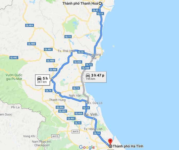 Bản đồ tuyến đường từ Thanh Hóa đi Hà Tĩnh qua đường Hồ Chí Minh