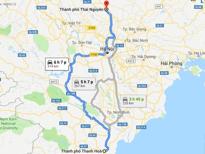 Tuyến đường dài nhất từ Thanh Hóa đi Thái Nguyên qua QL12B
